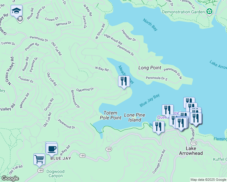 map of restaurants, bars, coffee shops, grocery stores, and more near 27421 Cedarwood Drive in Lake Arrowhead
