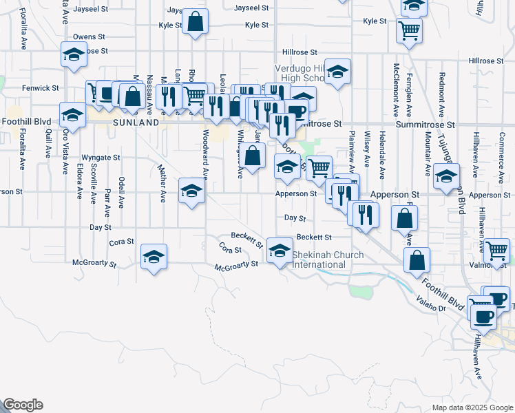 map of restaurants, bars, coffee shops, grocery stores, and more near 10243 Jardine Avenue in Los Angeles