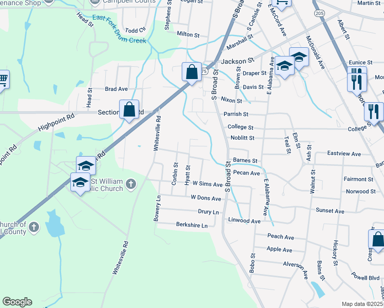 map of restaurants, bars, coffee shops, grocery stores, and more near 1108 Hyatt St in Albertville