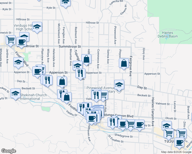 map of restaurants, bars, coffee shops, grocery stores, and more near 10241 Commerce Avenue in Los Angeles