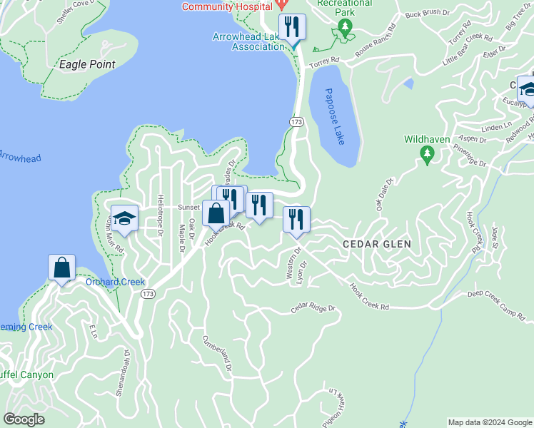 map of restaurants, bars, coffee shops, grocery stores, and more near in Lake Arrowhead
