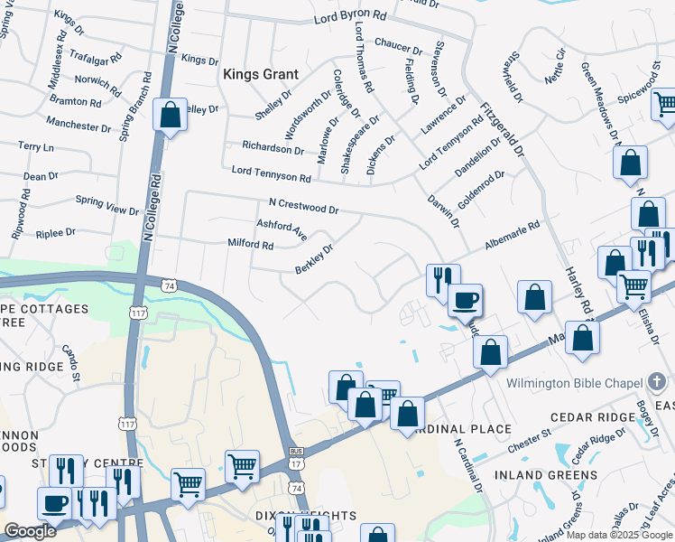 map of restaurants, bars, coffee shops, grocery stores, and more near 458 Albemarle Road in Wilmington