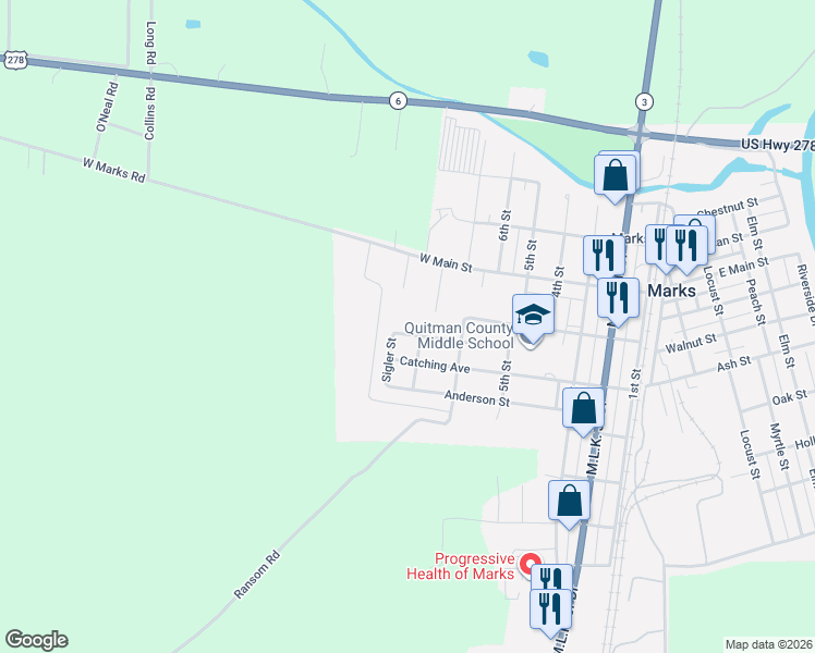 map of restaurants, bars, coffee shops, grocery stores, and more near 701 Kimbro Street in Marks