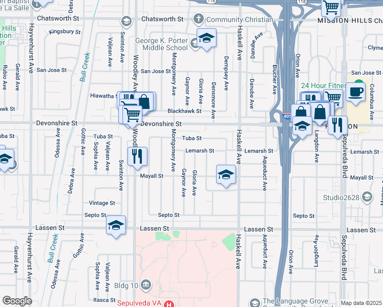 map of restaurants, bars, coffee shops, grocery stores, and more near 10153 Gloria Avenue in Los Angeles