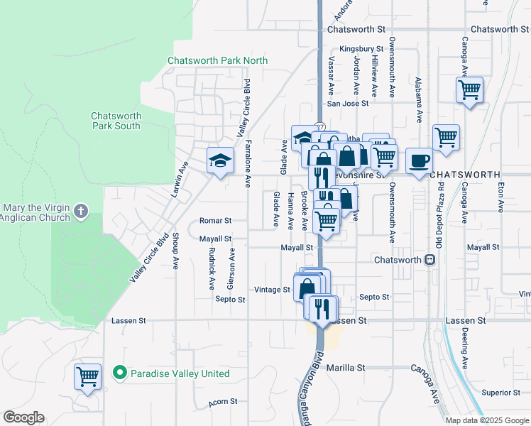 map of restaurants, bars, coffee shops, grocery stores, and more near 10188 Nevada Avenue in Los Angeles