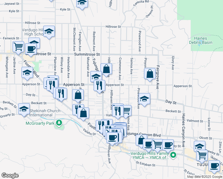 map of restaurants, bars, coffee shops, grocery stores, and more near Hillhaven Avenue in Los Angeles