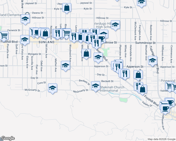 map of restaurants, bars, coffee shops, grocery stores, and more near 10243 Jardine Avenue in Los Angeles