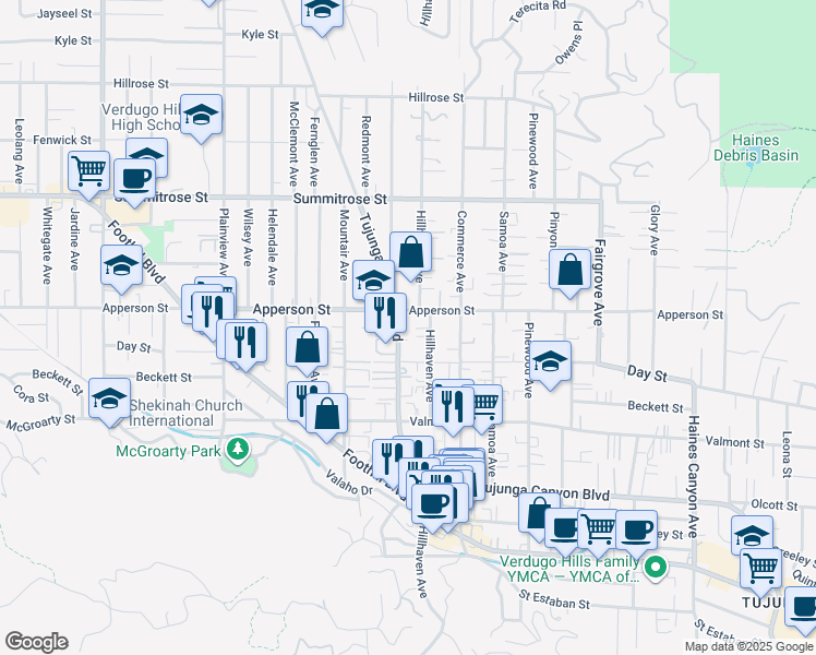 map of restaurants, bars, coffee shops, grocery stores, and more near 10249 Hillhaven Avenue in Los Angeles