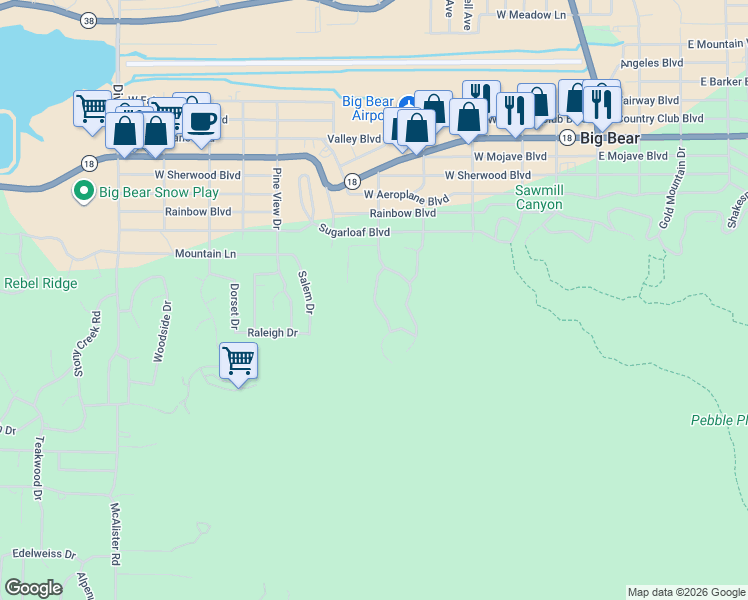 map of restaurants, bars, coffee shops, grocery stores, and more near 445 Woodcreek Drive in Big Bear