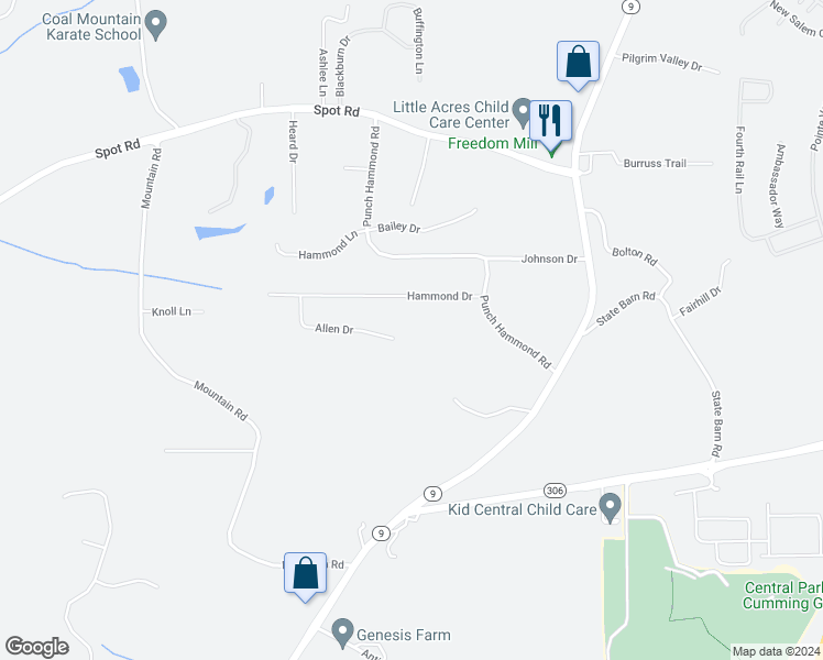 map of restaurants, bars, coffee shops, grocery stores, and more near 2975 Allen Drive in Cumming