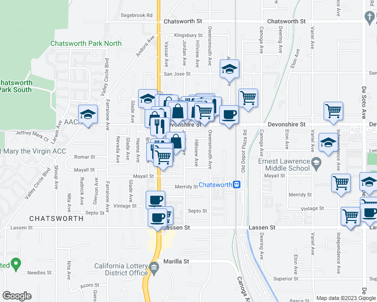 map of restaurants, bars, coffee shops, grocery stores, and more near 10138 Jordan Avenue in Los Angeles