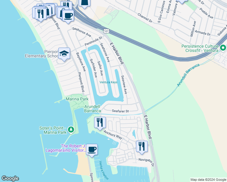 map of restaurants, bars, coffee shops, grocery stores, and more near 3065 Seahorse Avenue in Ventura