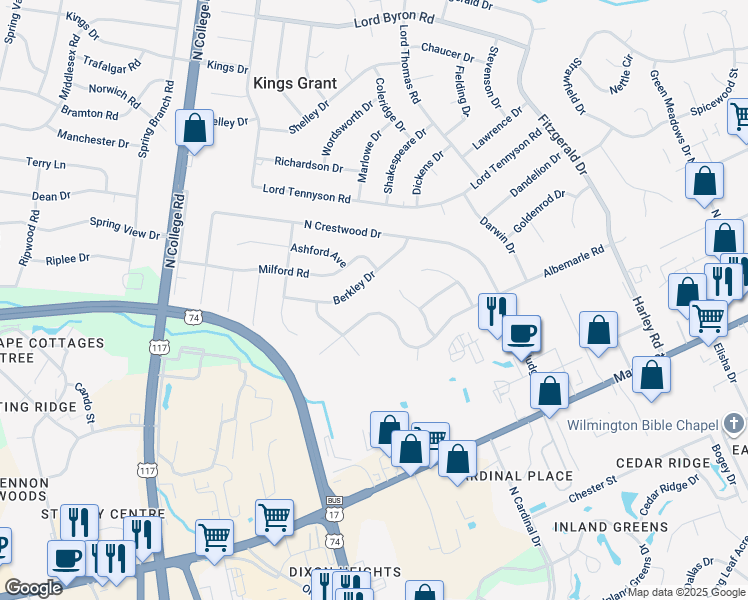 map of restaurants, bars, coffee shops, grocery stores, and more near 462 Albemarle Road in Wilmington