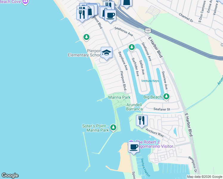 map of restaurants, bars, coffee shops, grocery stores, and more near 1408 Nathan Lane in Ventura