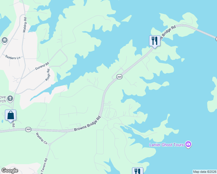 map of restaurants, bars, coffee shops, grocery stores, and more near 8920 Browns Bridge Road in Gainesville