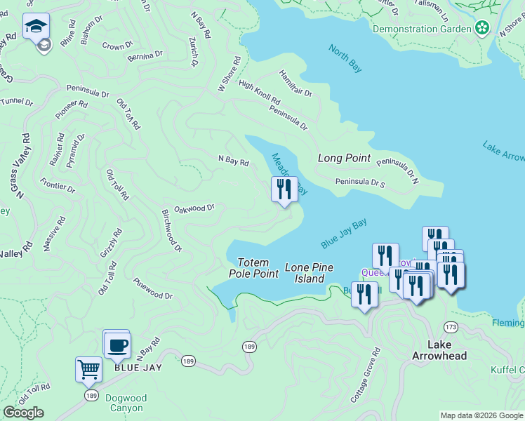 map of restaurants, bars, coffee shops, grocery stores, and more near 27445 Cedarwood Drive in Lake Arrowhead
