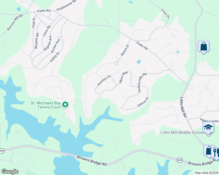 map of restaurants, bars, coffee shops, grocery stores, and more near 6540 Akins Way in Cumming