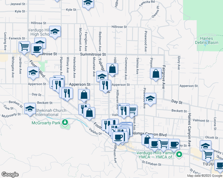 map of restaurants, bars, coffee shops, grocery stores, and more near 10249 Hillhaven Avenue in Los Angeles