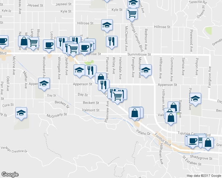 map of restaurants, bars, coffee shops, grocery stores, and more near 10260 Plainview Avenue in Los Angeles