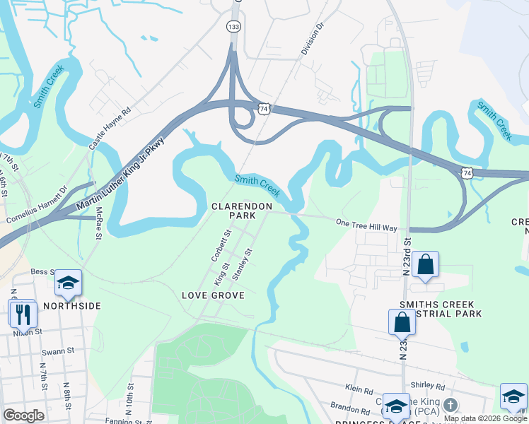 map of restaurants, bars, coffee shops, grocery stores, and more near 1500 Stanley Street in Wilmington