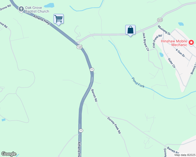 map of restaurants, bars, coffee shops, grocery stores, and more near 2567 Athens Highway in Gainesville