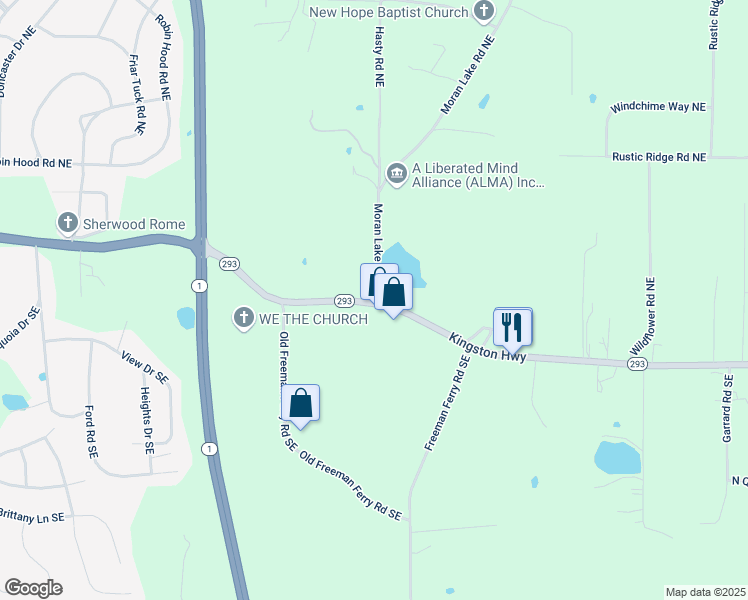 map of restaurants, bars, coffee shops, grocery stores, and more near 0 Moran Lake Road Northeast in Rome