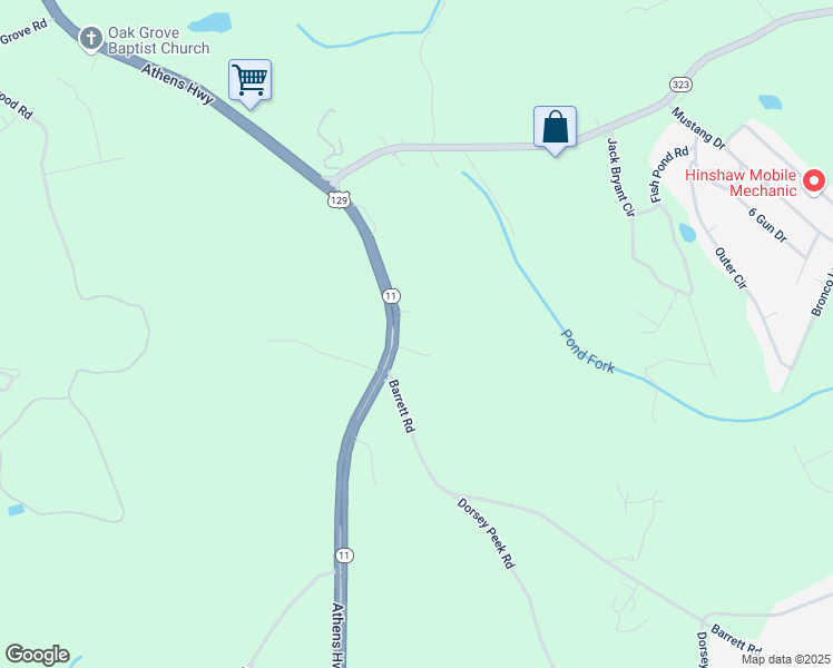 map of restaurants, bars, coffee shops, grocery stores, and more near 2567 Athens Highway in Gainesville
