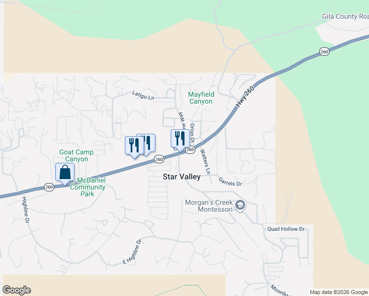 map of restaurants, bars, coffee shops, grocery stores, and more near 4148 Arizona 260 in Star Valley