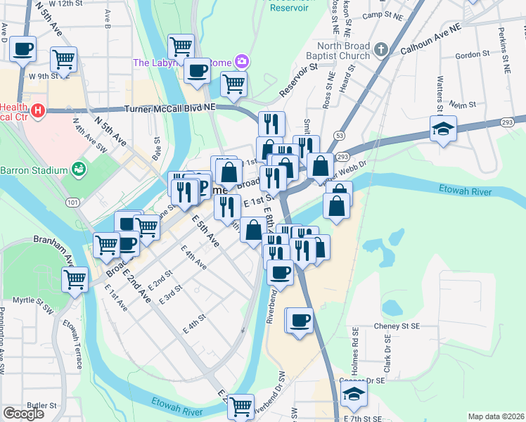 map of restaurants, bars, coffee shops, grocery stores, and more near 108 East 8th Avenue in Rome