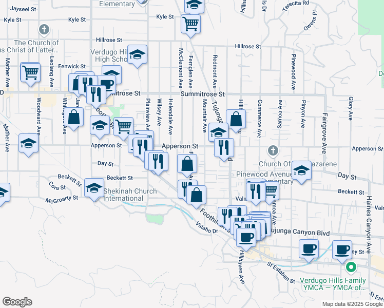 map of restaurants, bars, coffee shops, grocery stores, and more near 10242 Fernglen Avenue in Los Angeles