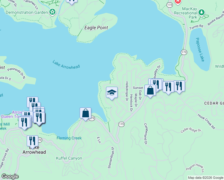 map of restaurants, bars, coffee shops, grocery stores, and more near 310 Bret Harte Road in Lake Arrowhead