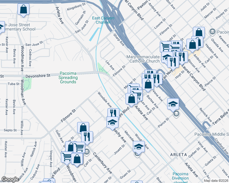 map of restaurants, bars, coffee shops, grocery stores, and more near 10152 Stanwin Avenue in Los Angeles