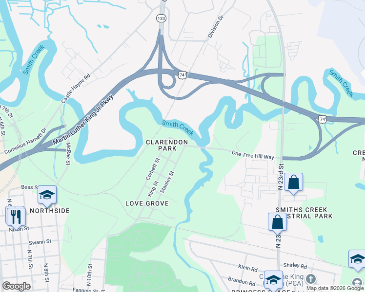 map of restaurants, bars, coffee shops, grocery stores, and more near 1500 Stanley Street in Wilmington