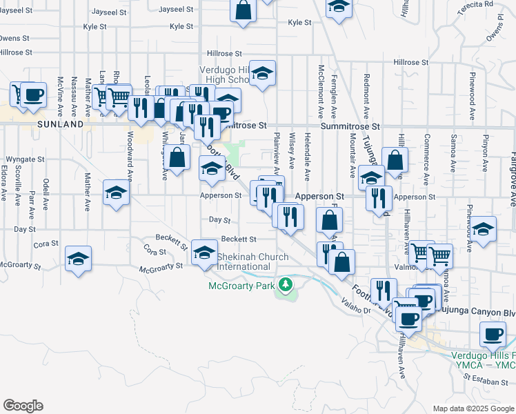 map of restaurants, bars, coffee shops, grocery stores, and more near 7636 Foothill Boulevard in Los Angeles