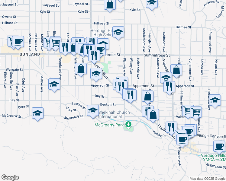 map of restaurants, bars, coffee shops, grocery stores, and more near 10260 Plainview Avenue in Los Angeles