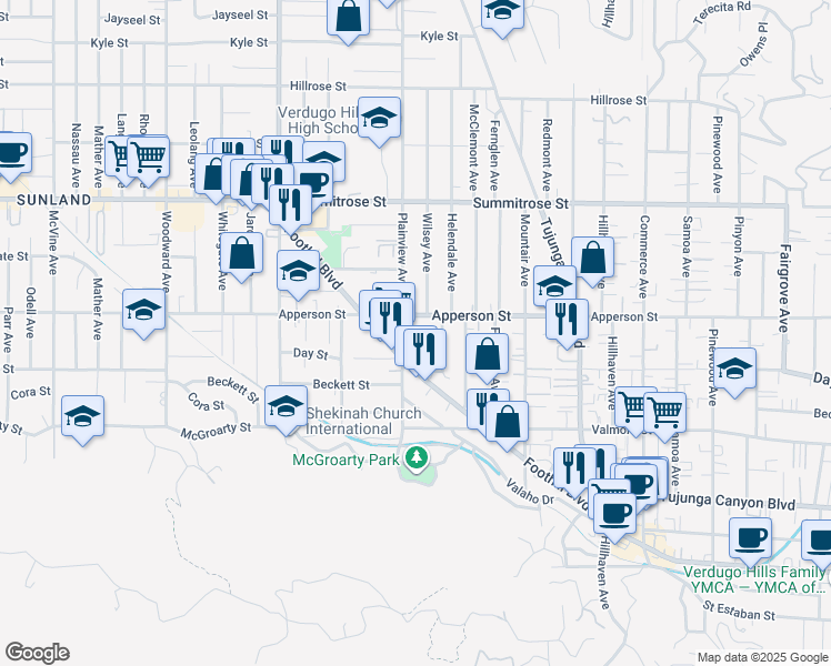 map of restaurants, bars, coffee shops, grocery stores, and more near 10260 Plainview Avenue in Los Angeles