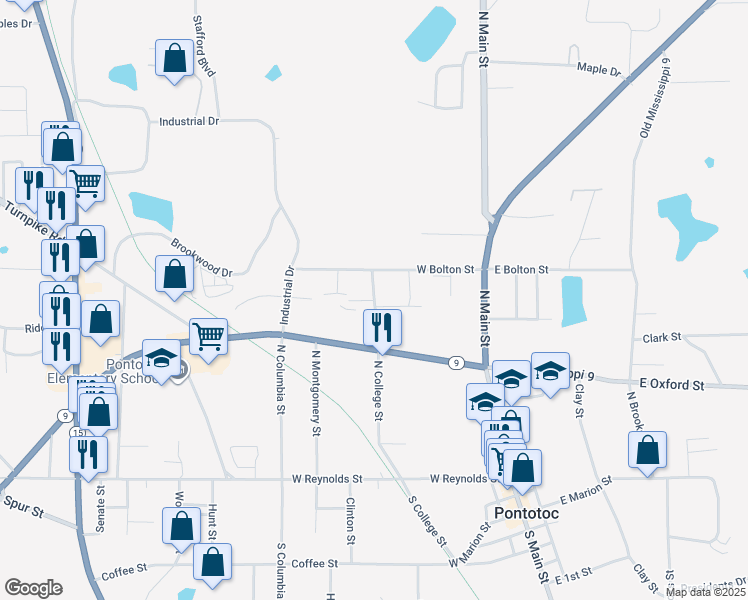 map of restaurants, bars, coffee shops, grocery stores, and more near 150 Carnes Street in Pontotoc