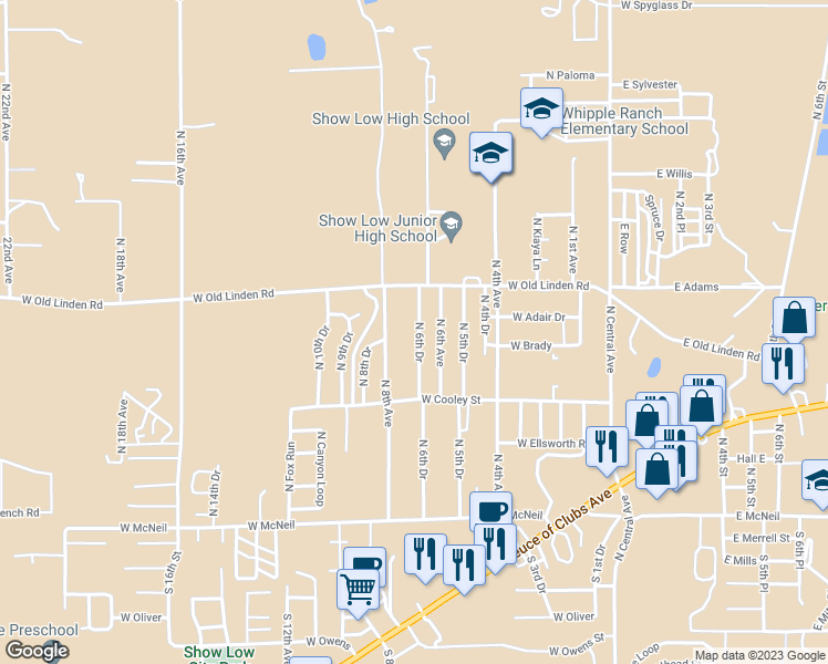 map of restaurants, bars, coffee shops, grocery stores, and more near 656 North 6th Drive in Show Low