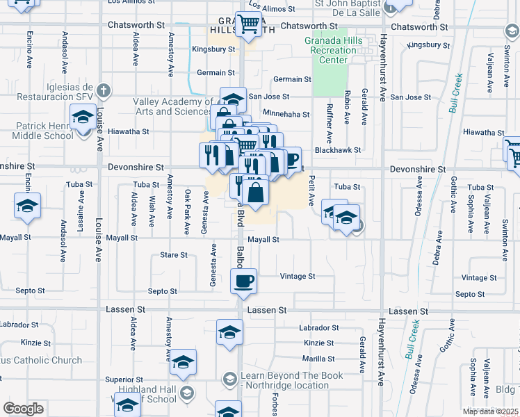map of restaurants, bars, coffee shops, grocery stores, and more near 10152 Balboa Blvd in Los Angeles