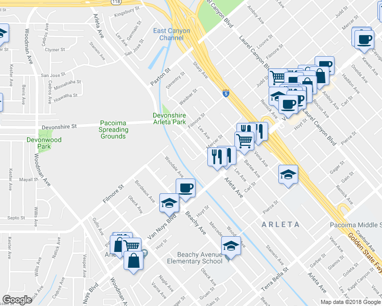 map of restaurants, bars, coffee shops, grocery stores, and more near 10152 Stanwin Avenue in Los Angeles