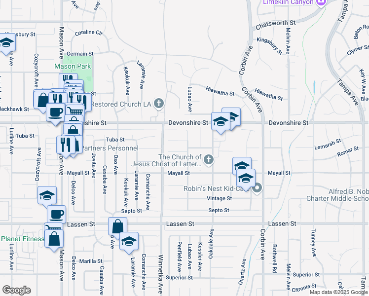 map of restaurants, bars, coffee shops, grocery stores, and more near 20001 Lemarsh Street in Los Angeles