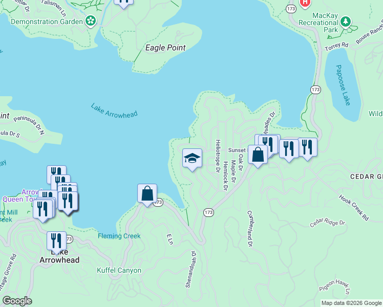 map of restaurants, bars, coffee shops, grocery stores, and more near 310 Bret Harte Road in Lake Arrowhead