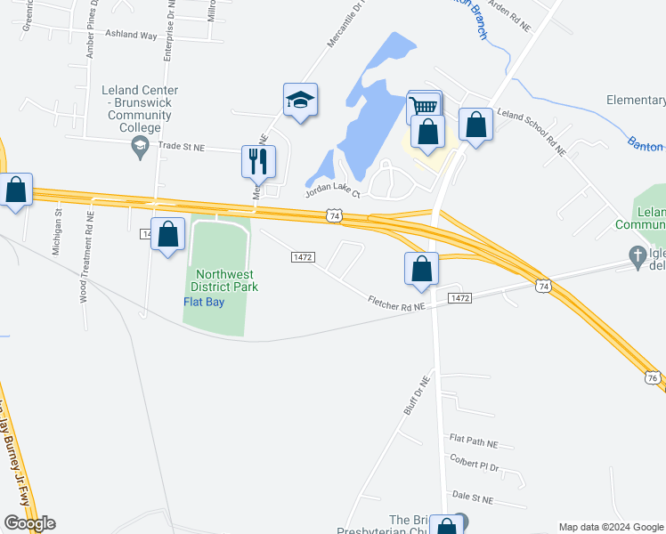 map of restaurants, bars, coffee shops, grocery stores, and more near 1823 Liz Lane Northeast in Leland