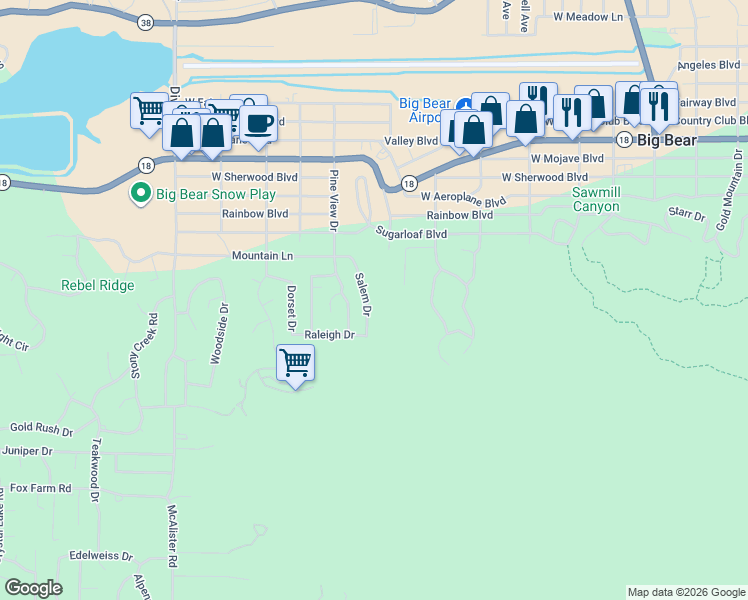 map of restaurants, bars, coffee shops, grocery stores, and more near 436 Salem Drive in Big Bear