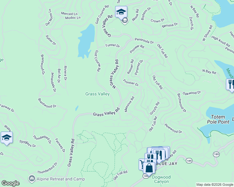 map of restaurants, bars, coffee shops, grocery stores, and more near 308 Grass Valley Road in Lake Arrowhead