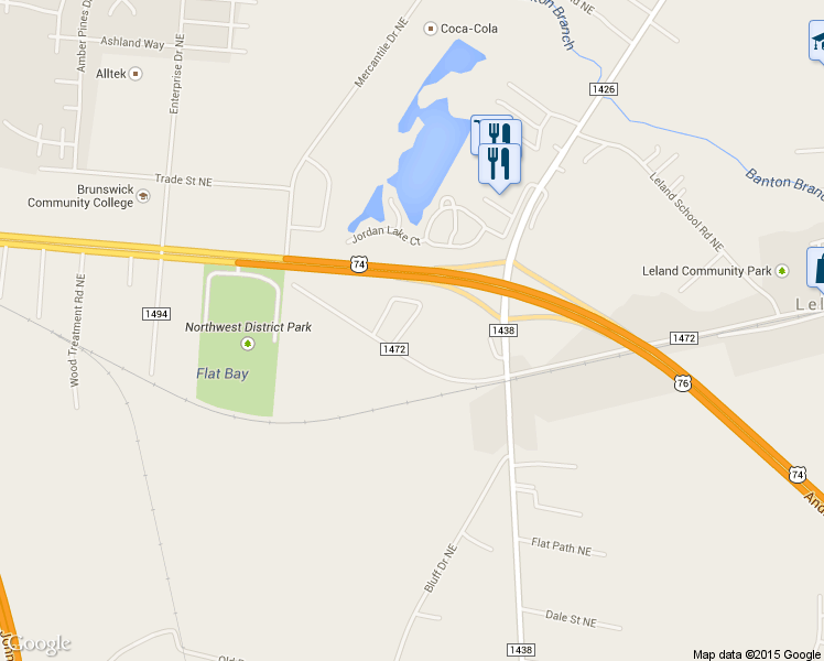 map of restaurants, bars, coffee shops, grocery stores, and more near 1774 Liz Lane Northeast in Leland