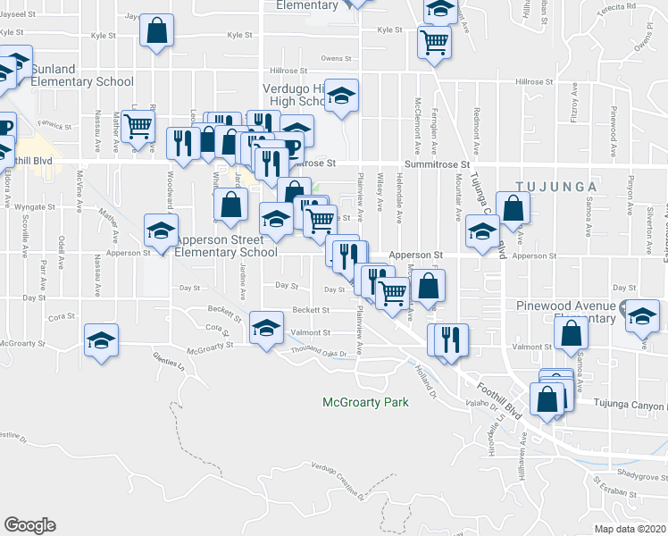 map of restaurants, bars, coffee shops, grocery stores, and more near 7636 Foothill Boulevard in Los Angeles
