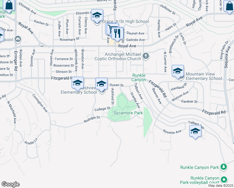 map of restaurants, bars, coffee shops, grocery stores, and more near 965 Planetree Avenue in Simi Valley