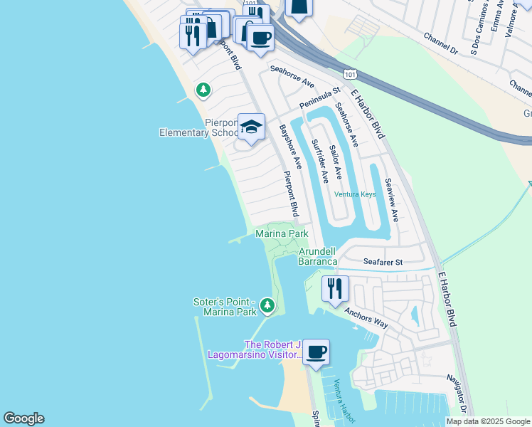 map of restaurants, bars, coffee shops, grocery stores, and more near 1402 Nathan Lane in Ventura