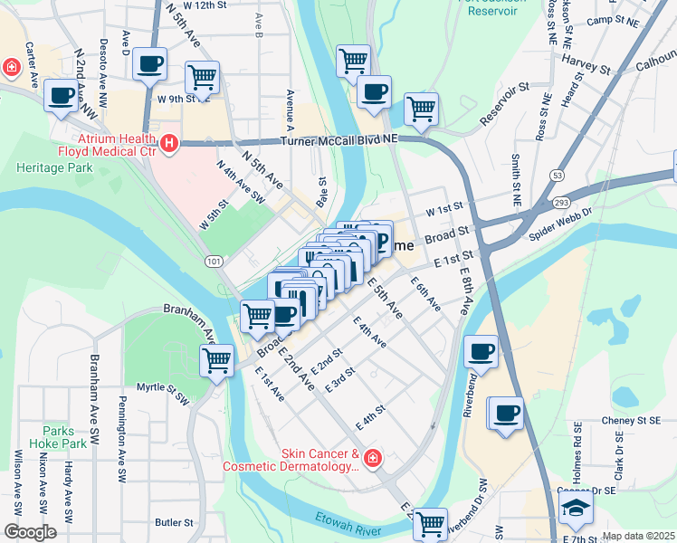 map of restaurants, bars, coffee shops, grocery stores, and more near 414 West 1st Street in Rome